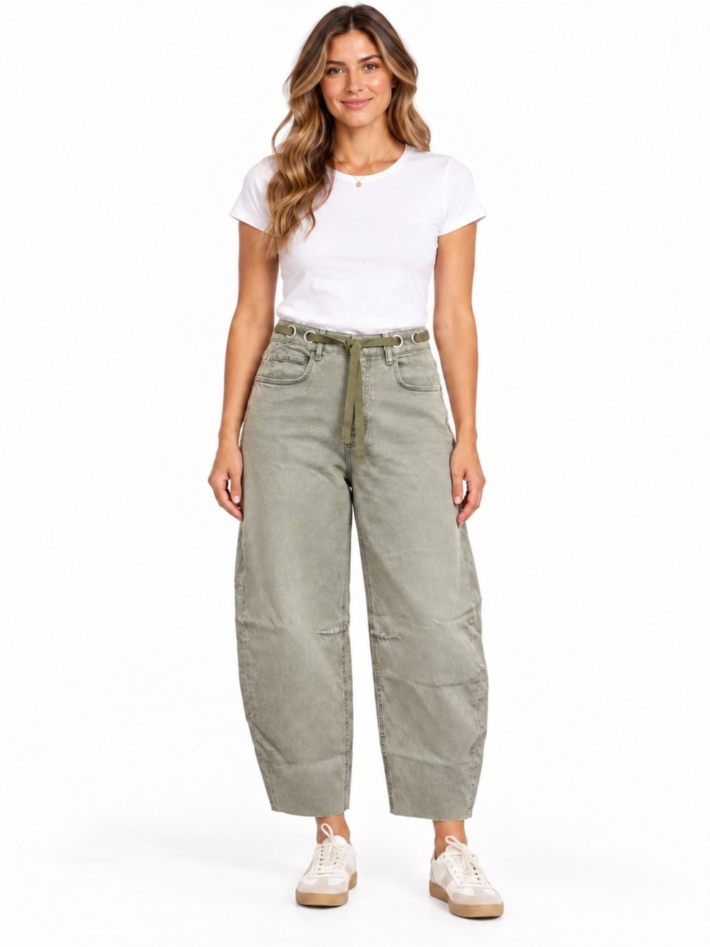 VERVET Kate Olive Green High Rise Barrel Leg Jeans Belted Size 31 NWT
